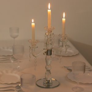 Crystal 3-Arm Candelabra Taper Candle Holder with Hanging Prisms & Round Mirror Base – Faceted Cut Glass Design - 14" Tall
